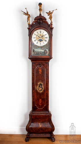 A fine Dutch burr walnut striking longcase clock with ship's automaton, Jan Henkels Amsterdam, circa 1770.